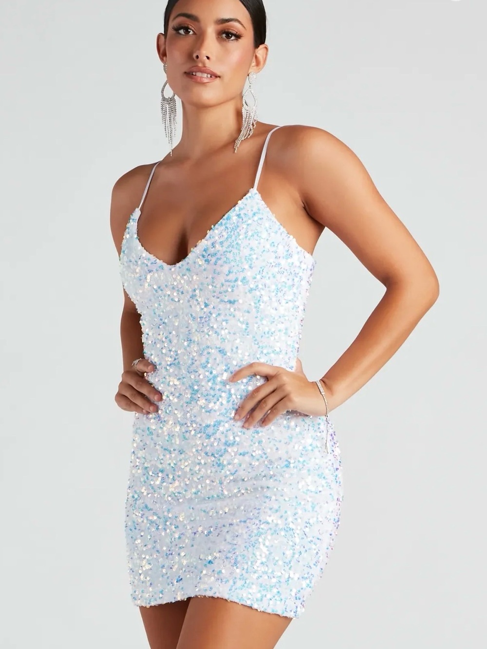 Windsor Sequin Spaghetti Strap Mini Dress - white opalescent